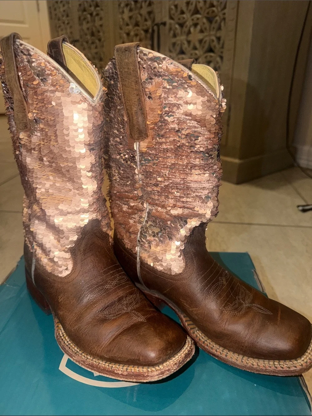 ARIAT Brown Leather and Rose Gold Sequin Western Boots